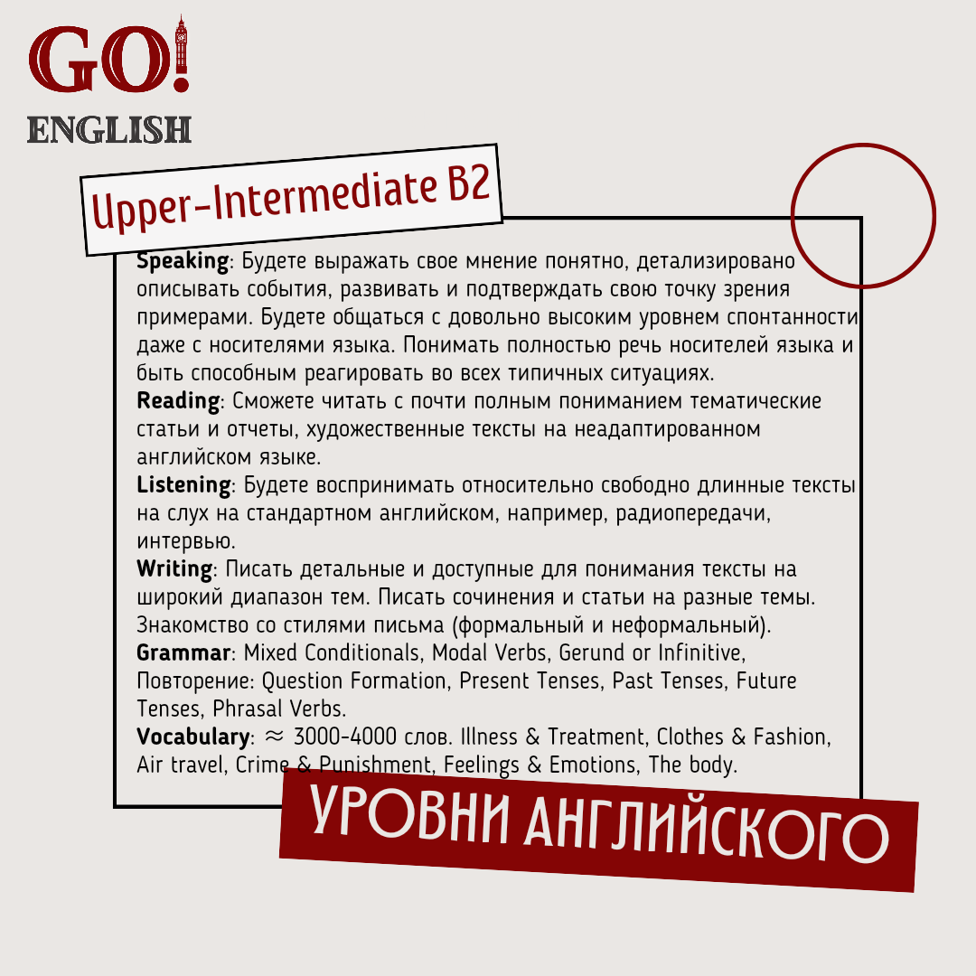 Как узнать свой уровень английского?🤔 
 
Согласно общеевропейской компетенции владения иностранным языком (CEFR), владение иностранным языком принято делить на 6 уровней. В 2001 году Совет Европы принял решение использовать CEFR для оценивания языковой компетенции в любом языке, который изучается в качестве иностранного. Согласно системе CEFR, знания иностранного языка разделяют на 3 группы, каждая из которых в свою очередь делится еще на 2 группы. Так выглядят уровни владения английским языком по шкале CEFR: 
 
• A — Элементарное владение (Basic User): 
A1 — Уровень выживания (Survival Level — Beginner и Elementary) 
A2 — Предпороговый уровень (Waystage — Pre-Intermediate) 
 
• B — Самостоятельное владение (Independent User): 
B1 — Пороговый уровень (Threshold — Intermediate) 
B2 — Пороговый продвинутый уровень (Vantage — Upper-Intermediate) 
 
• C — Свободное владение (Proficient User): 
C1 — Уровень профессионального владения (Effective Operational Proficiency — Advanced) 
C2 — Уровень владения в совершенстве (Mastery — Proficiency) 
 
Описание уровней поможет вам сравнить свои навыки с каждым уровнем владения английским языком и понять разницу между уровнями.

✅Также вы всегда можете пройти бесплатное тестирование вашего уровня в школе Go! English, это позволит определиться с целями и подобрать для вас подходящую программу обучения
📝Запишись на тестирование и консультацию по обучению уже сейчас в сообщениях https://vk.me/goeng_novosibirsk или по номеру 8(383)385-1085