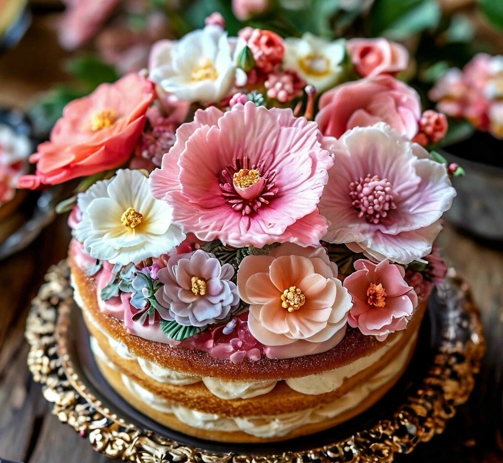Пирожное с цветами, сделанными из сладкой мастики