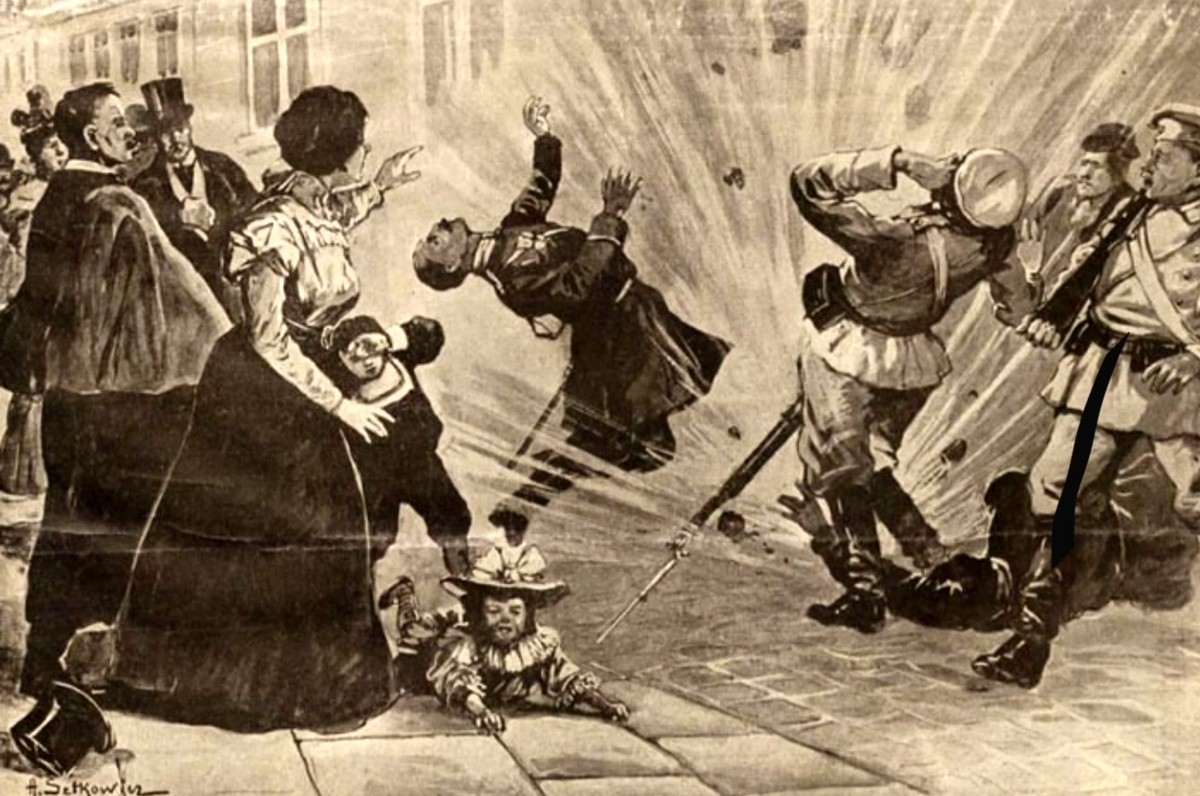 Атака террористов из Польской социалистической партии. Газета «Иллюстрированные новости», 26 мая 1906 г., Краков. Фото с сайта culture.pl. (Анархические  акты террора выглядели точно так же и с теми же результатами для мирных обывателей)