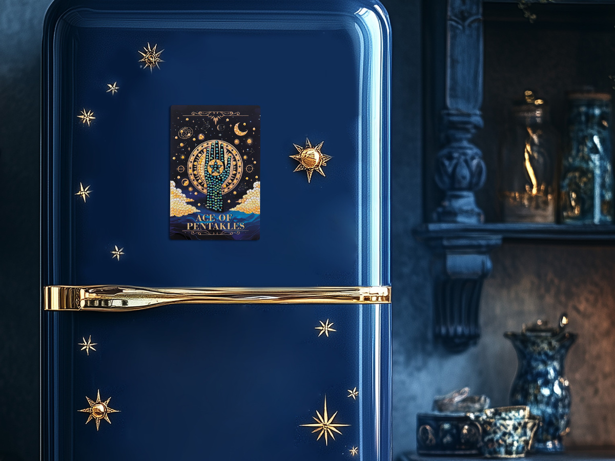 Вот так будут выглядеть готовые магниты Таро на холодильнике. Очень яркий и эффектный акцент!