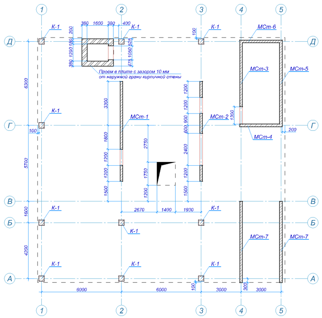 Схема расположения несущих конструкций на 1 этаже здания