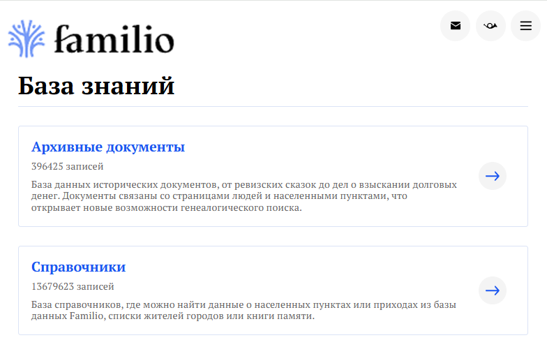 База знаний Familio состоит из большого числа исторических документов и справочников