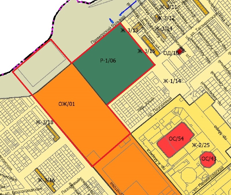 
Участки под комплексную застройку на схеме Правил землепользования и застройки Волгодонска. Границы зоны КРНТ выделены красными линиями. Зона Р - рекреация и парк, зона ОЖ - разноэтажная жилая и общественно деловая застройка.