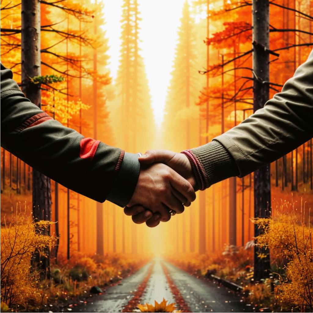 Рональд и Эдриан заключают сделку в лесу на границе Канады. Создано нейросетью Кандинский.  