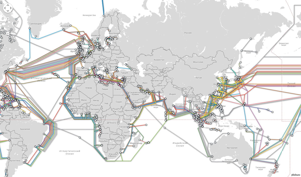 Реальная карта интернет-кабелей нашей планеты
