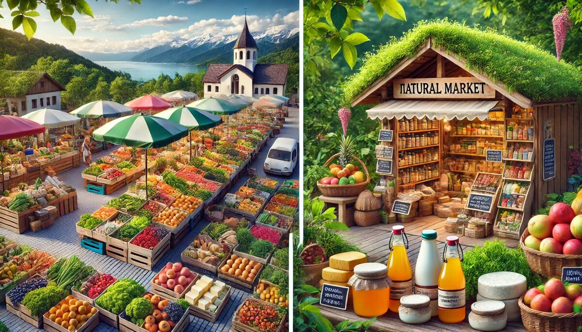 Первое изображение показывает оживленный фермерский рынок в Сочи, где продавцы предлагают свежие фрукты, овощи и другие натуральные продукты местного производства. Второе изображение изображает уютный киоск, окружённый зеленью, с домашней продукцией, такой как молочные изделия, мёд и ремесленные товары. Эти фотографии подчеркивают доступные и качественные варианты натуральной еды в Сочи.