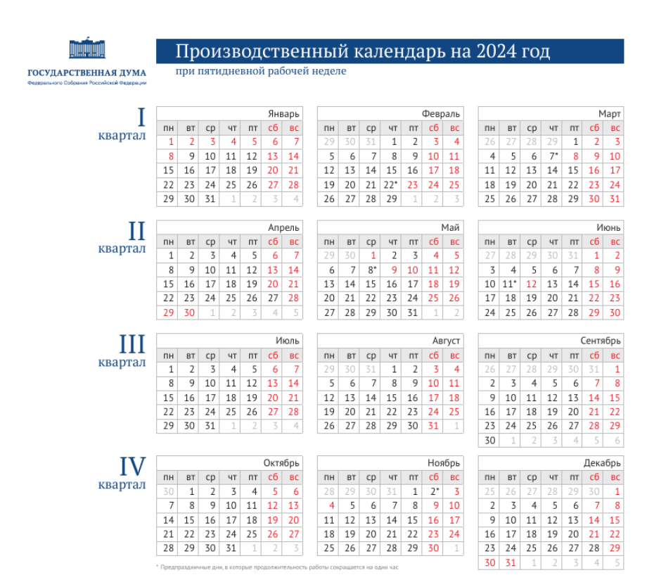 Производственный календарь на 2024 год от сайта http://duma.gov.ru/