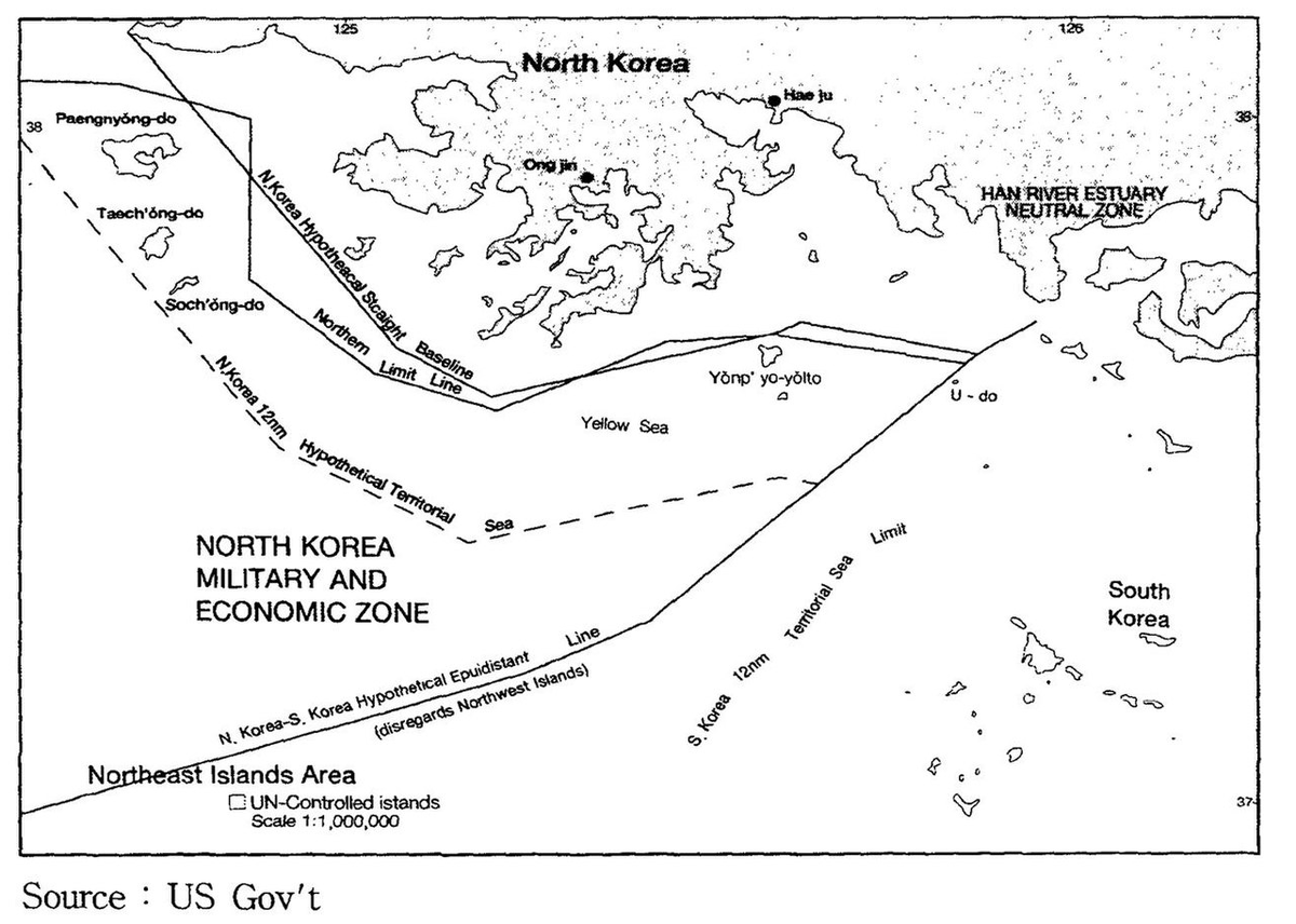Американская карта, показывающая гипотетические 12-мильные (22 км, по стандартам международного морского права) северокорейские территориальные воды в сравнении с Северной разграничительной линией