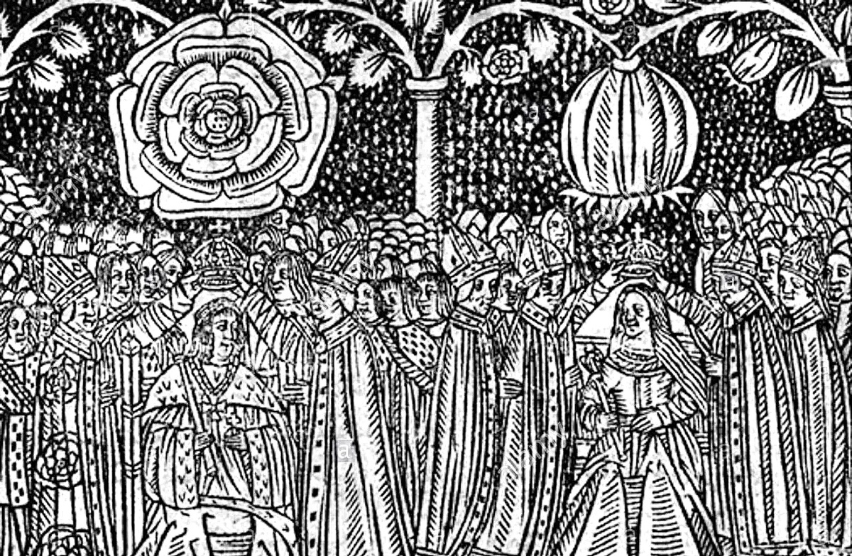 Гравюра на дереве  XVI века, изображающая коронацию Генриха и Екатерины вместе с их гербами: розой Тюдоров и гранатом Гранады.