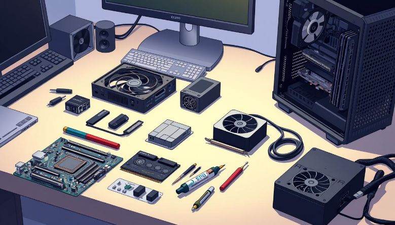  Подробная иллюстрация процесса сборки компьютера, включающая различные компоненты, такие как материнская плата, процессор, оперативная память, блок питания и графический процессор, аккуратно расположенные на рабочем месте. Рядом лежат такие инструменты, как отвертка и термопаста. На заднем плане виден чистый, организованный стол с решениями для прокладки кабелей и открытый компьютерный корпус, готовый к сборке. Мягкое освещение подчеркивает сложные детали каждого компонента, создавая технологичную атмосферу. 