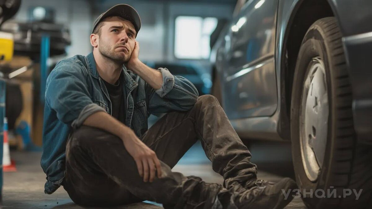     Расстроенный автослесарь сидит на полу возле автомобиля © Фото: uznay.ru
