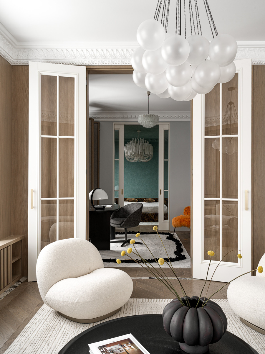 Вид из гостиной на анфиладу комнат — кабинет и спальню.