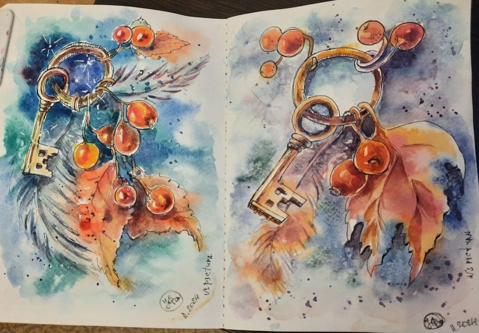 Здесь я пробовала аж два раза рисовать разными акварельными красками. Ключи летят!