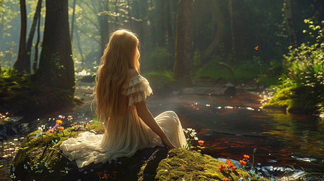 Русалка на берегу лесного ручья.