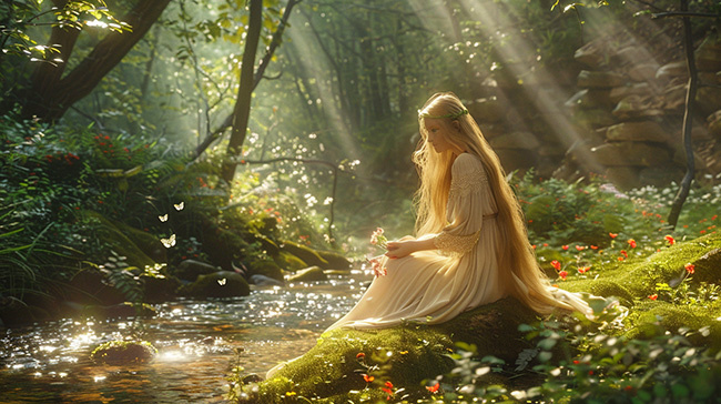 Русалка на берегу лесного ручья.
