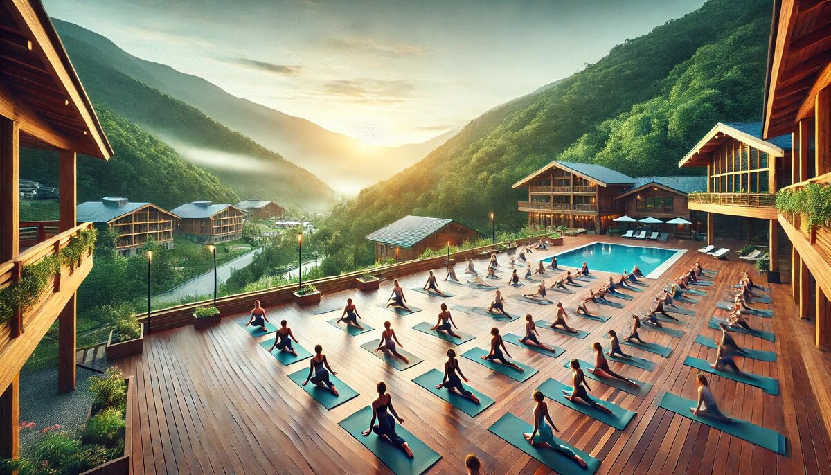 Фотография изображает утреннее занятие йогой на открытой площадке в Сочи. Группа людей выполняет асаны на ковриках, расположенных на деревянной платформе с видом на зелёные холмы и горы. Мягкий солнечный свет добавляет атмосферы спокойствия и гармонии, подчеркивая пользу занятий йогой на природе.