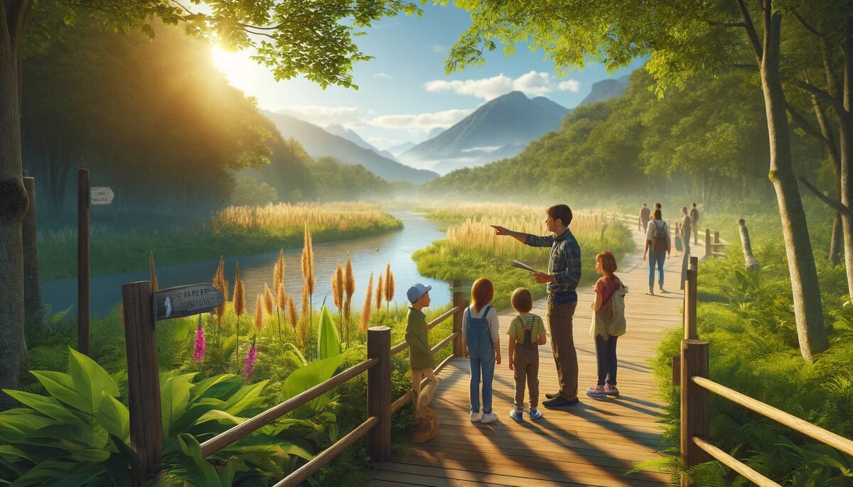 Фотография показывает семейную экскурсию в живописном заповеднике Сочи. Семья идет по деревянной тропе вдоль реки, окруженной зеленью, под руководством экскурсовода, который объясняет особенности местной флоры и фауны. На заднем плане виднеются горы и ясное небо, создавая атмосферу познавательного и расслабляющего отдыха на природе.