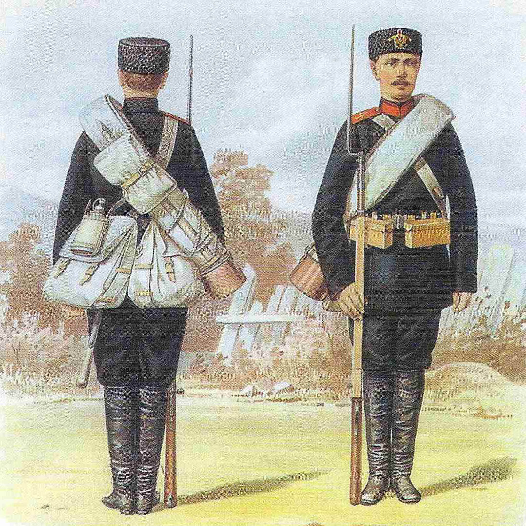 Солдат РИА в походном снаряжении. На рисунке слева видна индивидуальная палатка