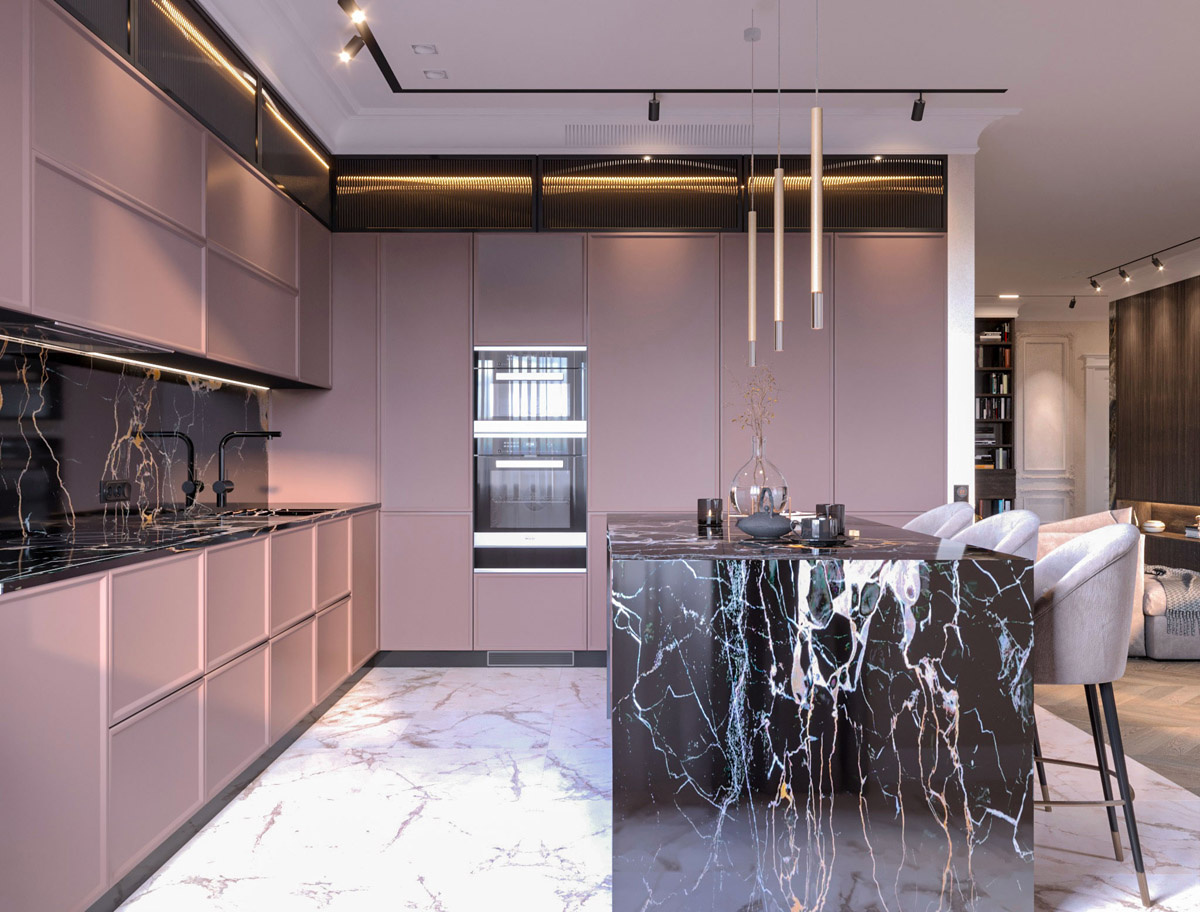 интерьер кухни, кухонный фартук из чёрного камня