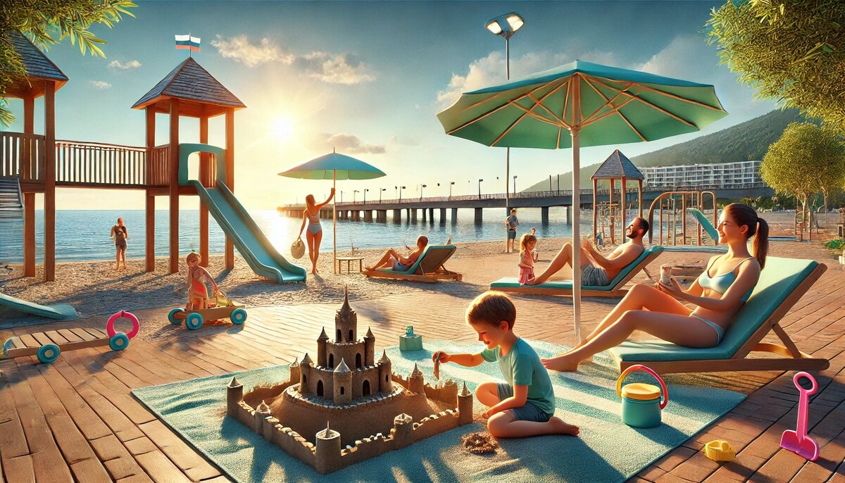 На фотографии изображен семейный отдых на солнечном пляже в Сочи. Ребёнок строит песочные замки, пока родители отдыхают под зонтом. На заднем плане видны игровые зоны и Черное море, что подчеркивает удобства для детей и комфорт для родителей, создавая идеальный баланс развлечений и релаксации.