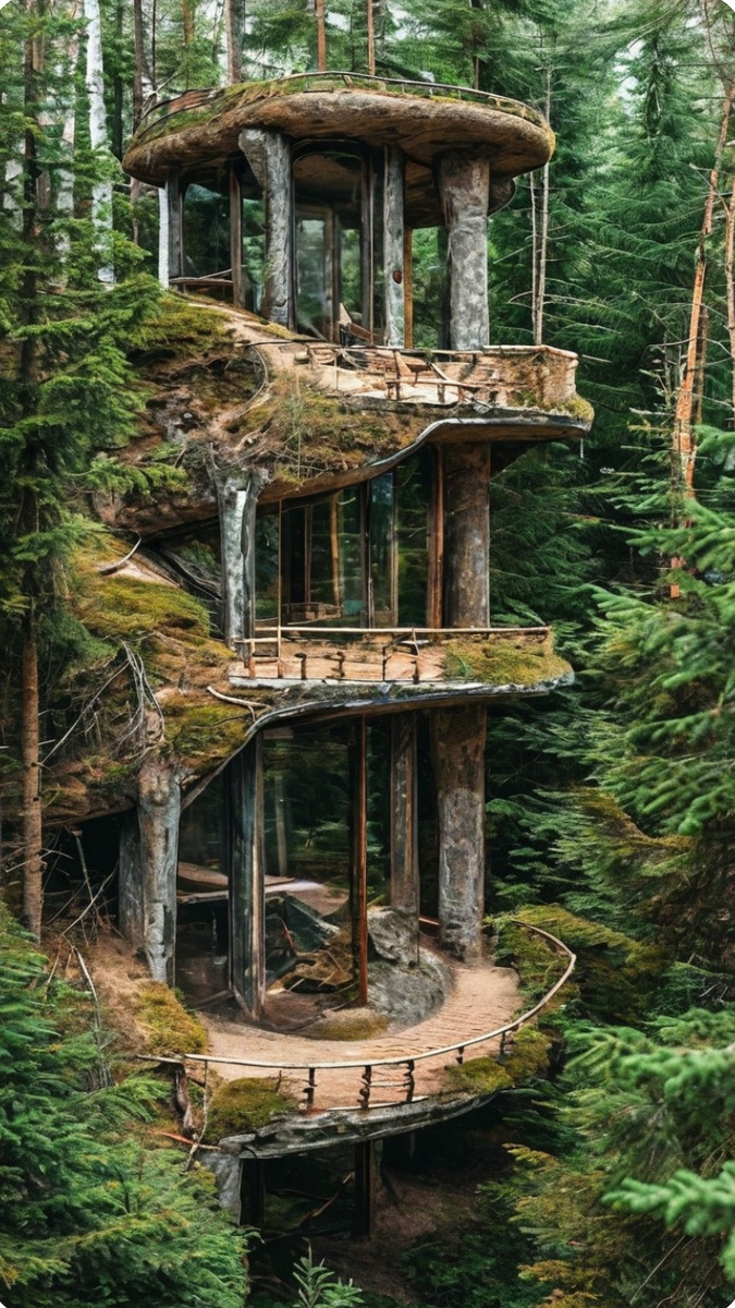 Здание выполнено в современном стиле с использованием дерева и стекла, что позволяет ему гармонично сочетаться с окружающей природой.