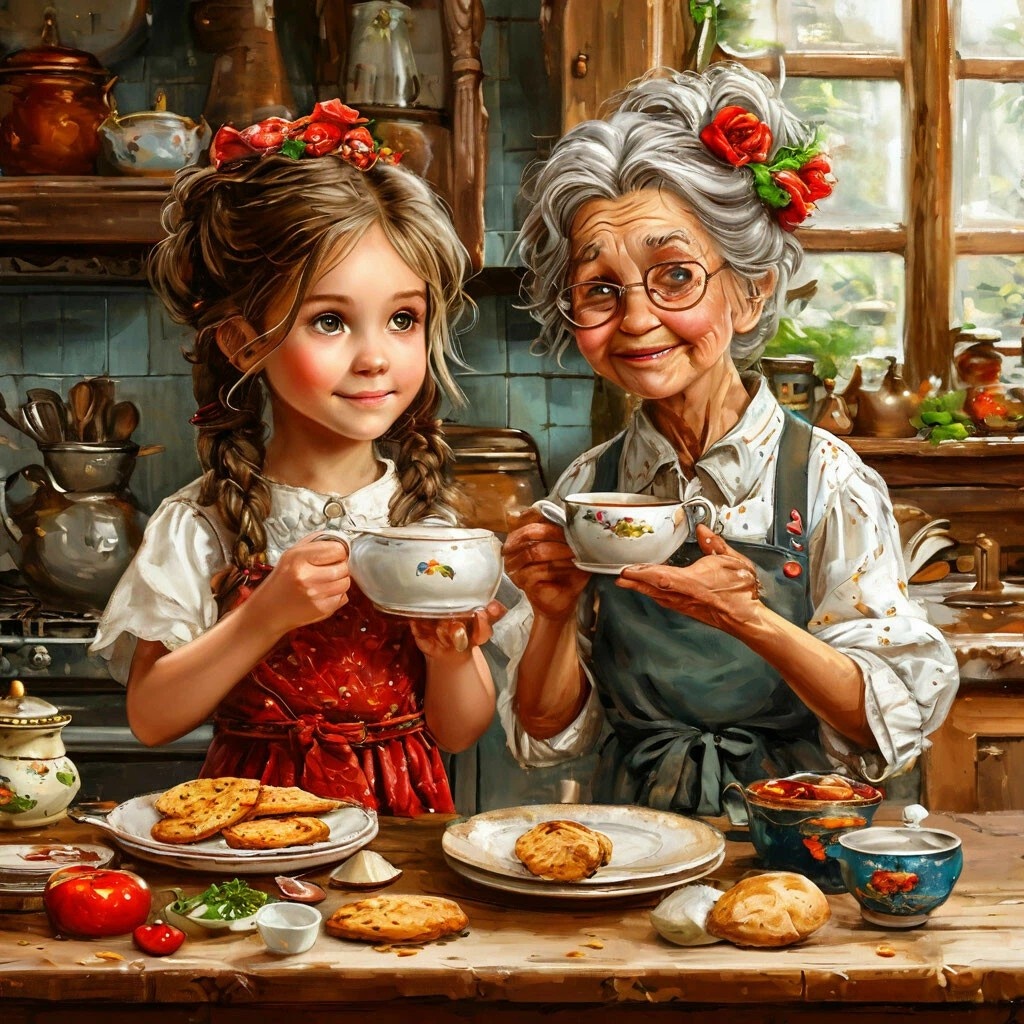 Создано нейросетью. Дочка так же помогает моей маме 