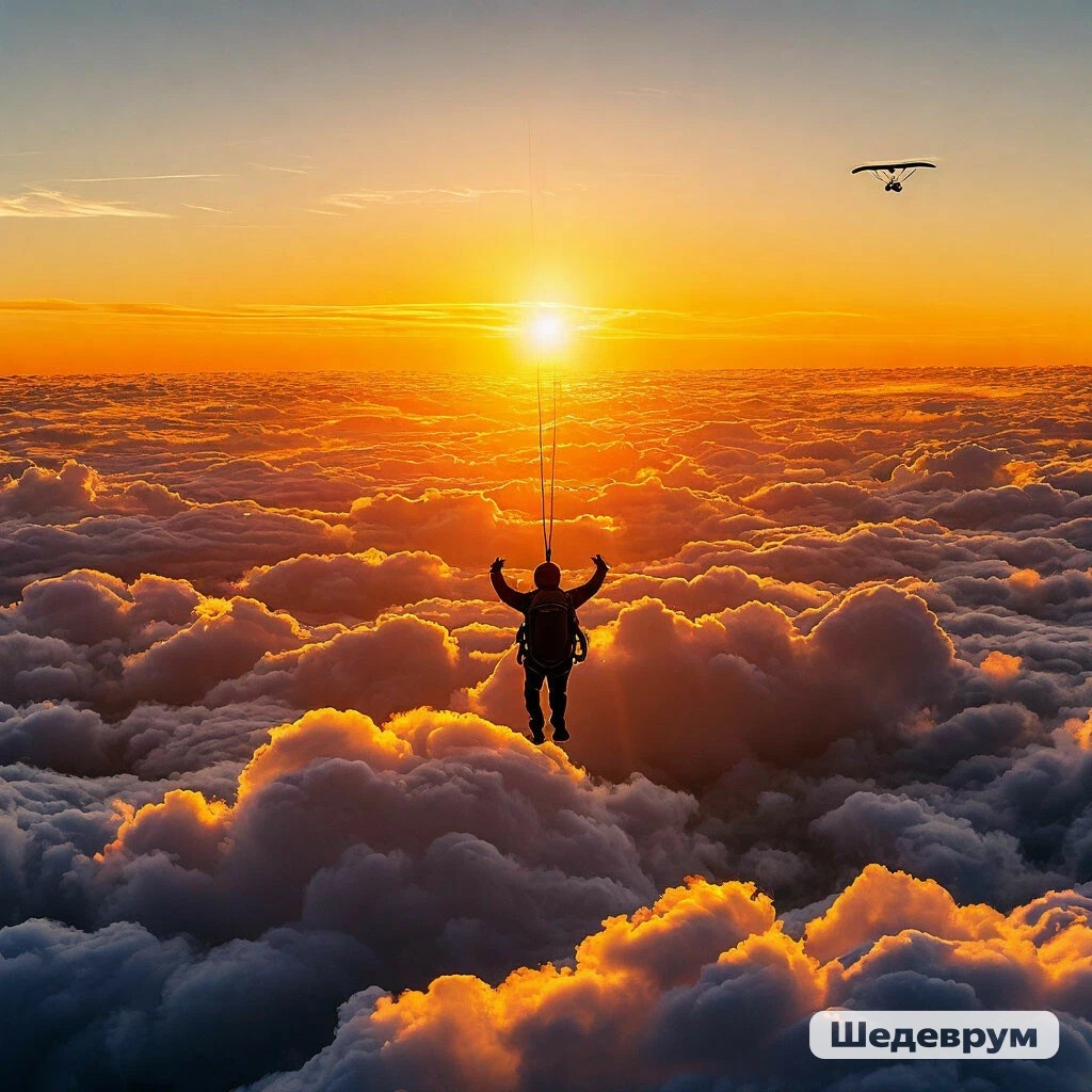 Восхождение к мечте : Парашютист на фоне золотого заката, словно зависимый в бескрайнем небе, а вдали – приближающийся самолет, оставляющий за собой след, похожий на серебристую нить судьбы.