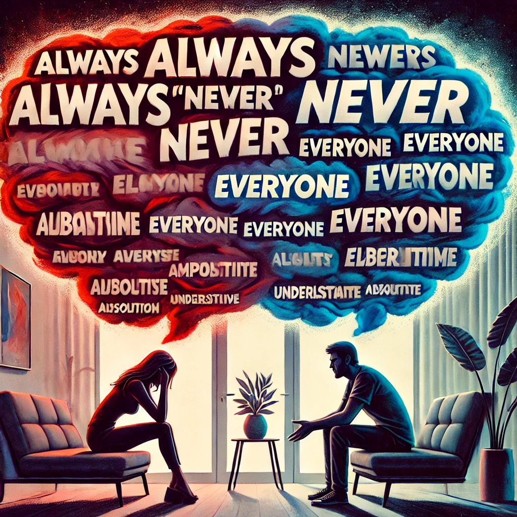 Вот изображение, иллюстрирующее влияние обобщений на отношения и необходимость избегать абсолютных выражений в критике.