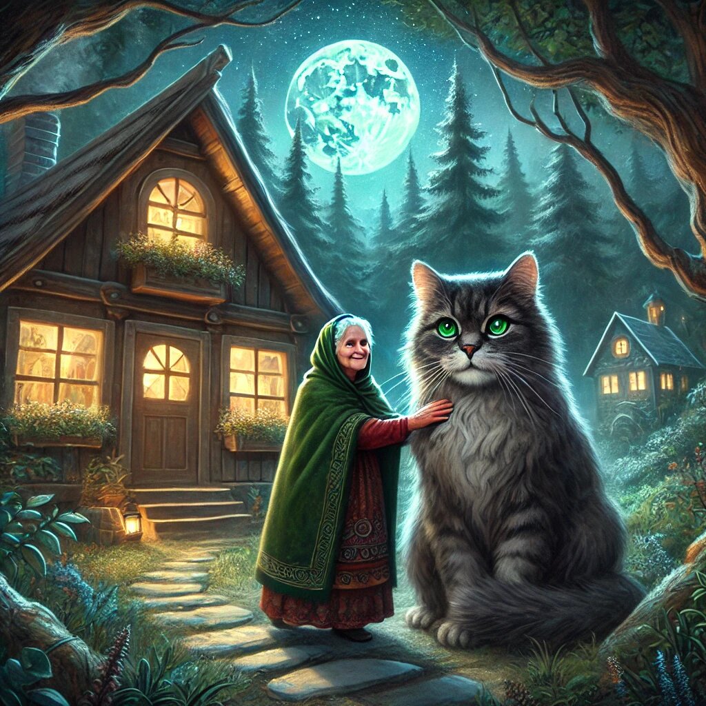 Вот изображение таинственной бабушки и её загадочного кота возле уютного домика на краю леса, как в сказке.