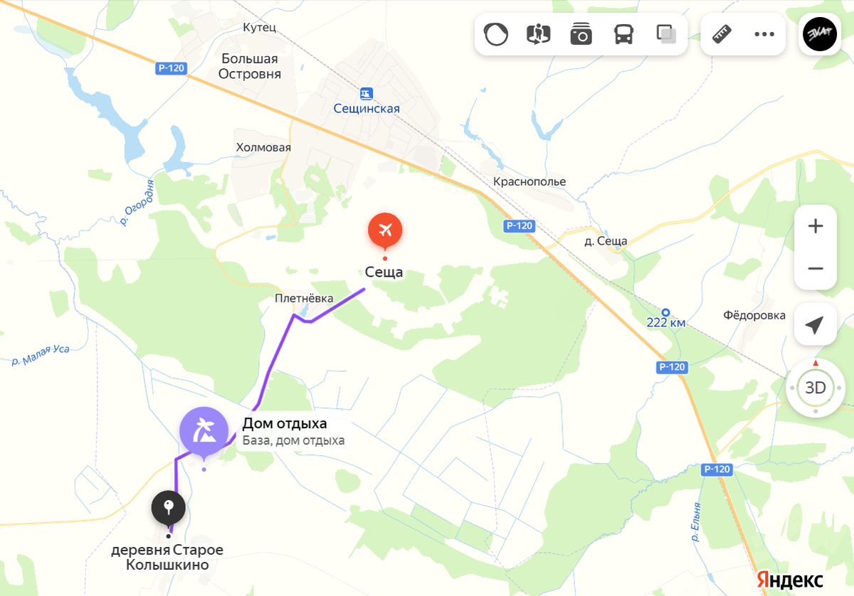 Карты Яндекса. Брянская область, Дубровский район. п. Сеща. Маршрут от аэродрома до деревни Старое Колышкино, где поблизости и находился санаторий "Трехбратское".