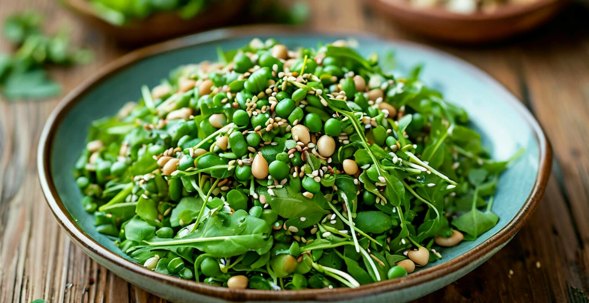 Микро зелень в салате с орешками и свежим горошком