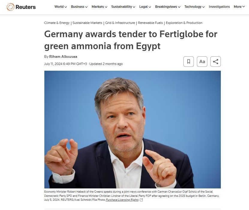 В 2024 году Германия объявила тендер компании Fertiglobe на поставку зеленого аммиака из Египта.