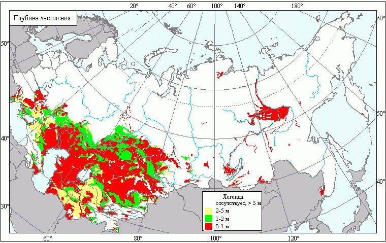 Рис. 16. Глубина засоления почвы территории бывшего СССР. https://agroatlas.ru/ru/content/Soil_maps/Salt_depth/index.html