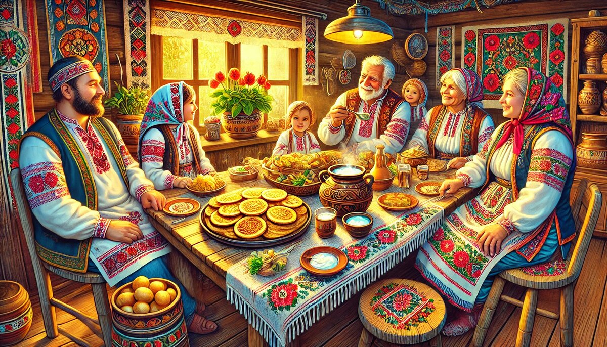 Белорусская семейная трапеза с драниками (сгенерировано DALL-E)