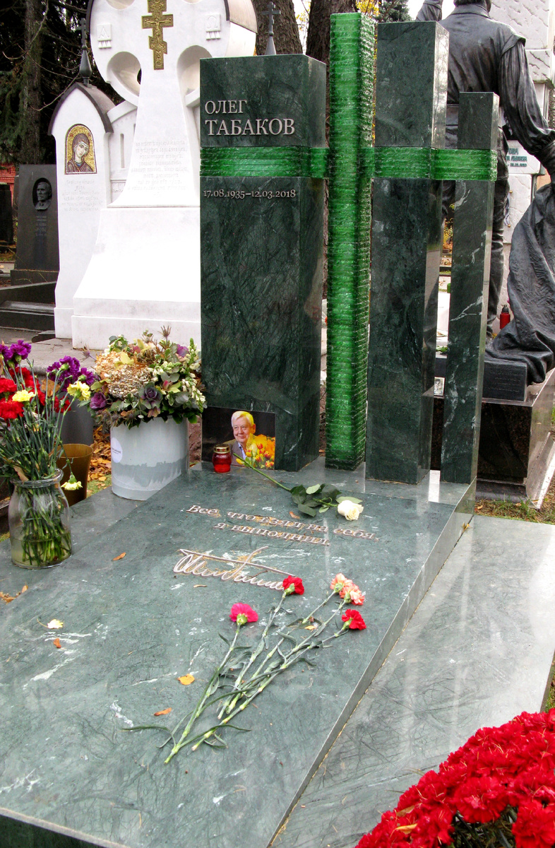 Табаков Олег. 
Актёр и режиссёр театра ("Современник", МХАТ, МХТ им. Чехова и др.), основатель и художественный руководитель Московского театра Олега Табакова ("Табакерка"), киноактёр ("Дело "пёстрых»", "Живые и мёртвые", "Война и мир", "Достояние республики", "Семнадцать мгновений весны", "Лев Гурыч Синичкин", "Двенадцать стульев", "Розыгрыш", "Д’Артаньян и три мушкетёра", "Москва слезам не верит", "Ах, водевиль, водевиль" и др.),   чтец, актёр озвучивания.
Новодевичье кладбище.