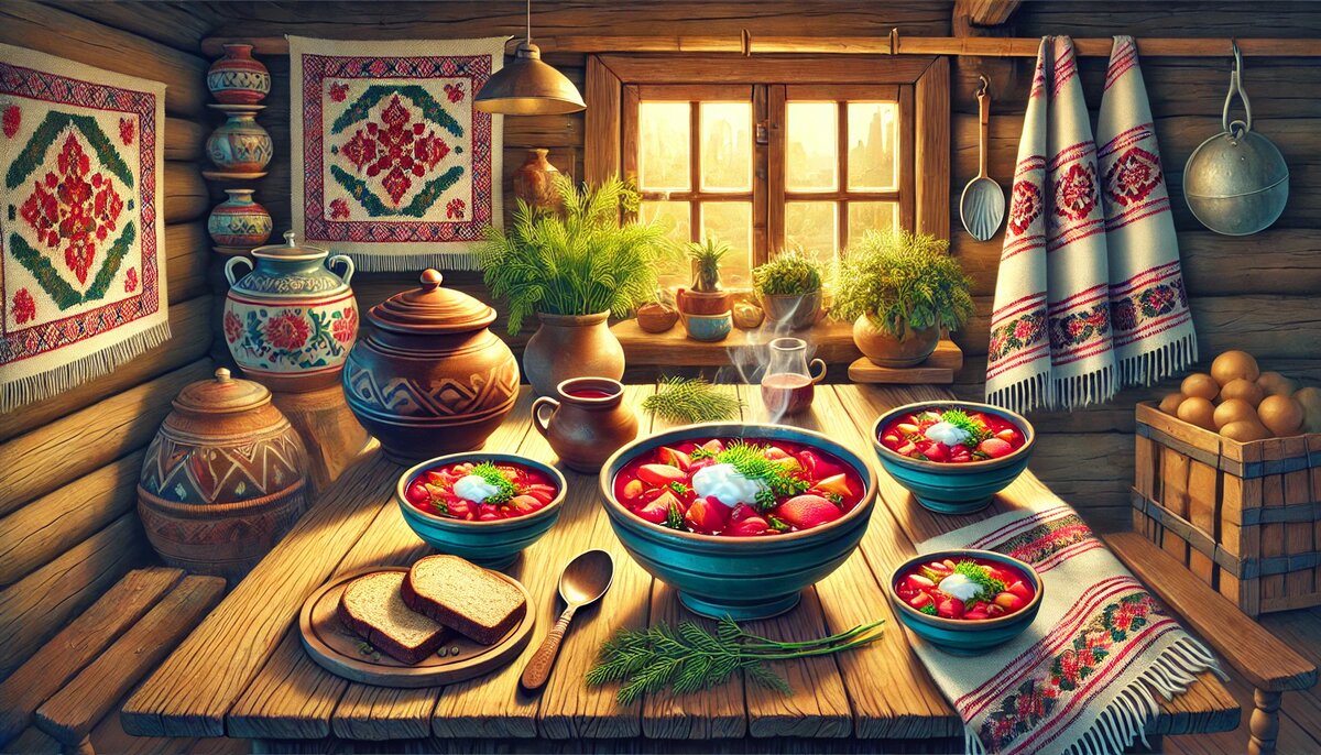 Семейные традиции подачи белорусского борща (сгенерировано DALL-E)