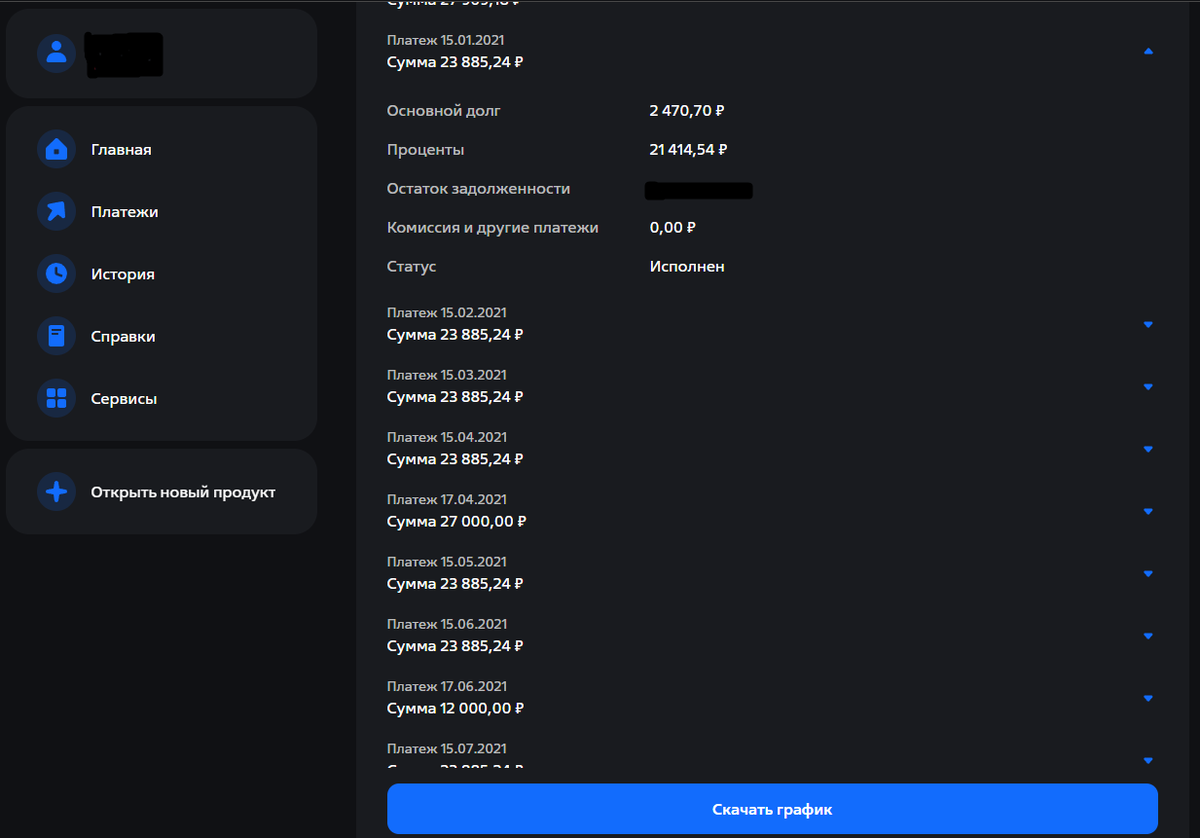 Начало выплат по ипотеке (обратите внимание на сумму основного долга 2470 р.)