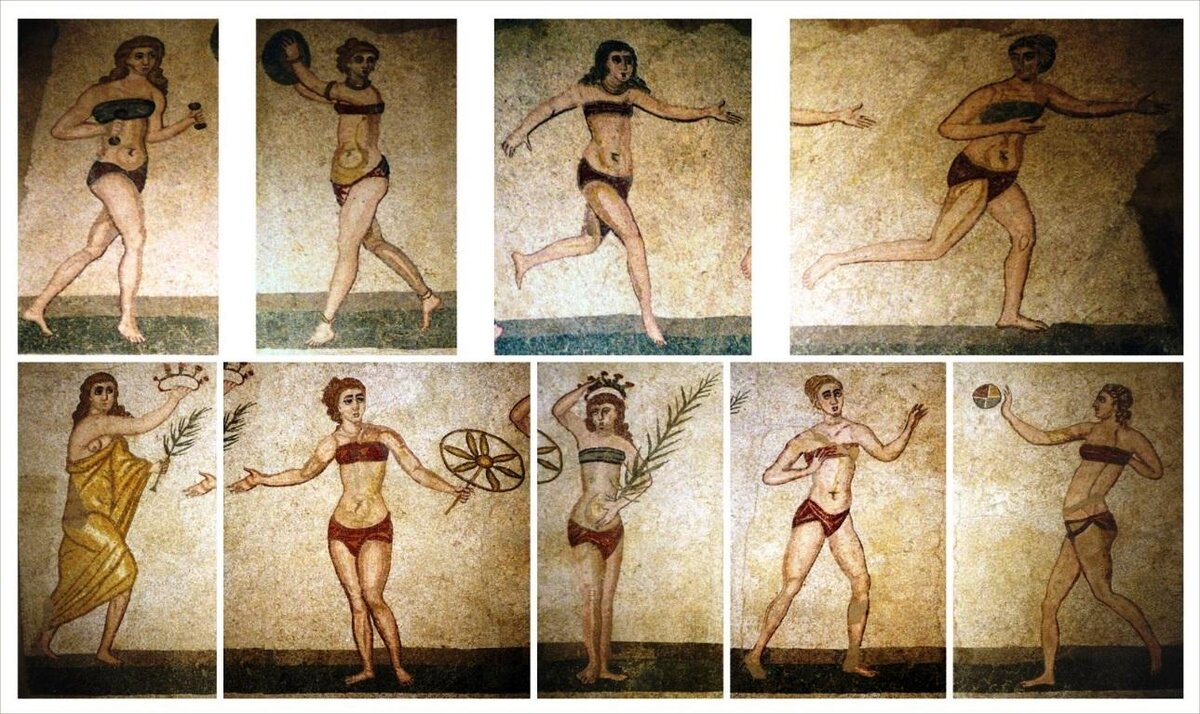Занятия спортом женщин Древнего Рима. Фрагменты из мозаик.