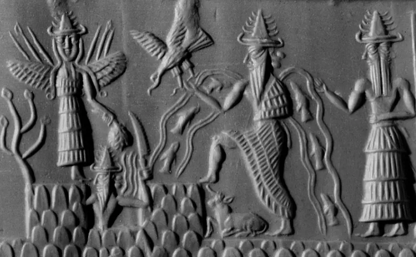 Аккадская печать Адда: цилиндрическая печать с изображением Инанны, Уту, Энки и Исмуда (ок. 2300 г. до н.э.). Источник: Wikimedia Commons