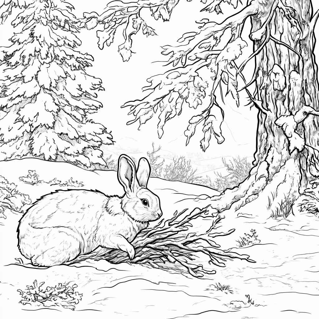 Раскраска для детей "Заяц в зимнем лесу", сгенерированная ИИ