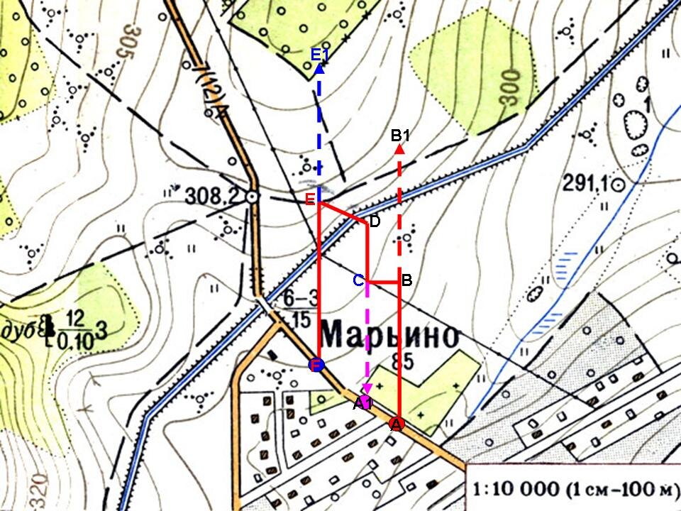 Отклонение при движении влево. A-F - маршрут движения, где A -начало движения F -конечная точка маршрута, AB1, FE1 -направление по стороне света, BC, DE -отклонение в левую сторону от начального маршрута движения (АВ1), А1 -промежуточная точка выхода при движении по маршруту DA1