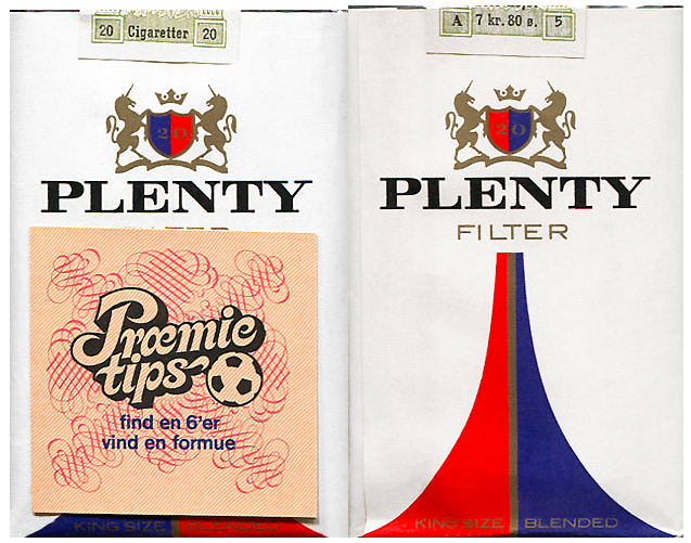 "Plenty" Filter. С брошюрой спереди. Дания, начало 1970-х годов. 20 штук с фильтром в мягкой упаковке. Цена (была) 7,80 крон. Производитель: "American Tobacco Company A/S". Владелец торговой марки: "American Tobacco Company".