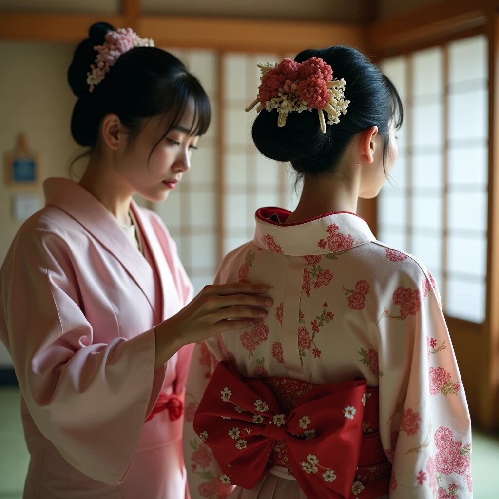 Женщины кимонодзё (着物女) или кимоно-тимэ (着物締め) помогают надевать кимоно