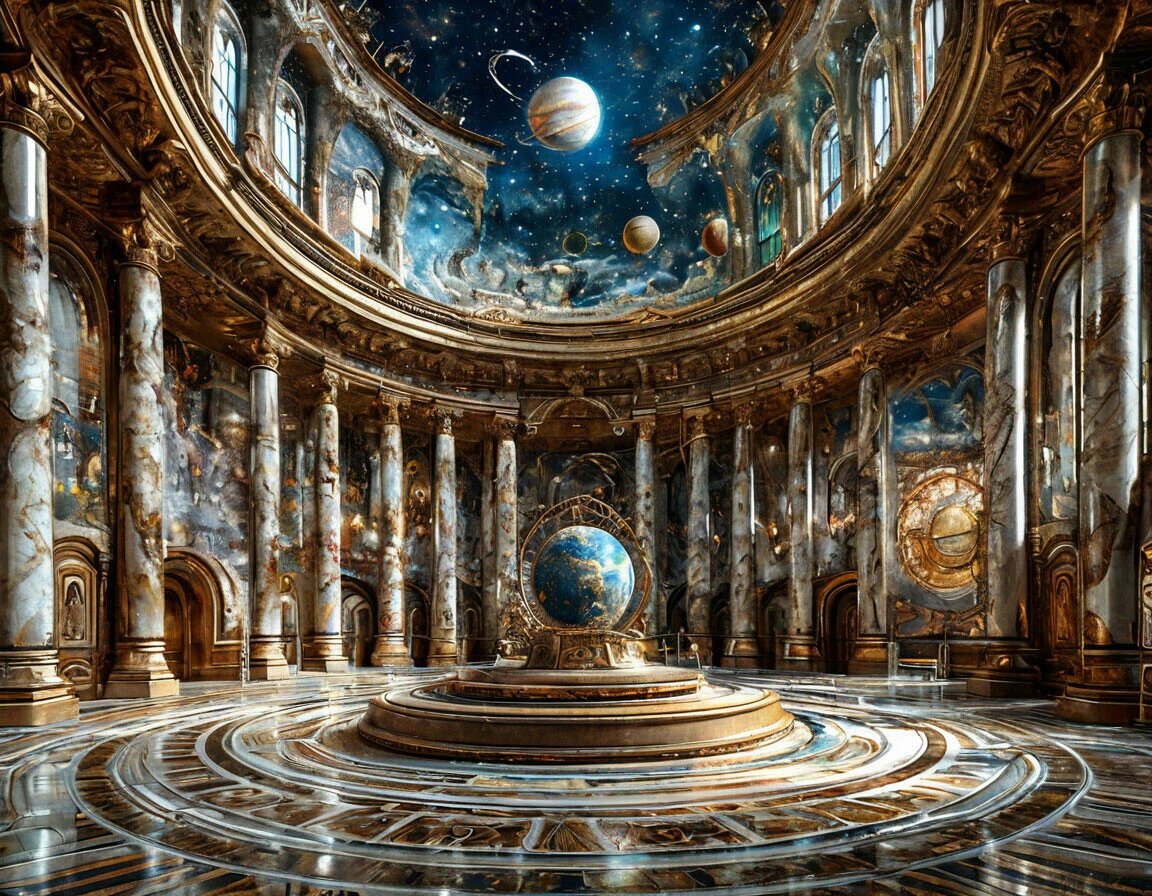 Круглая зала с высоким потолком и изображением звезд и планет. Нейросеть Шедеврум.
