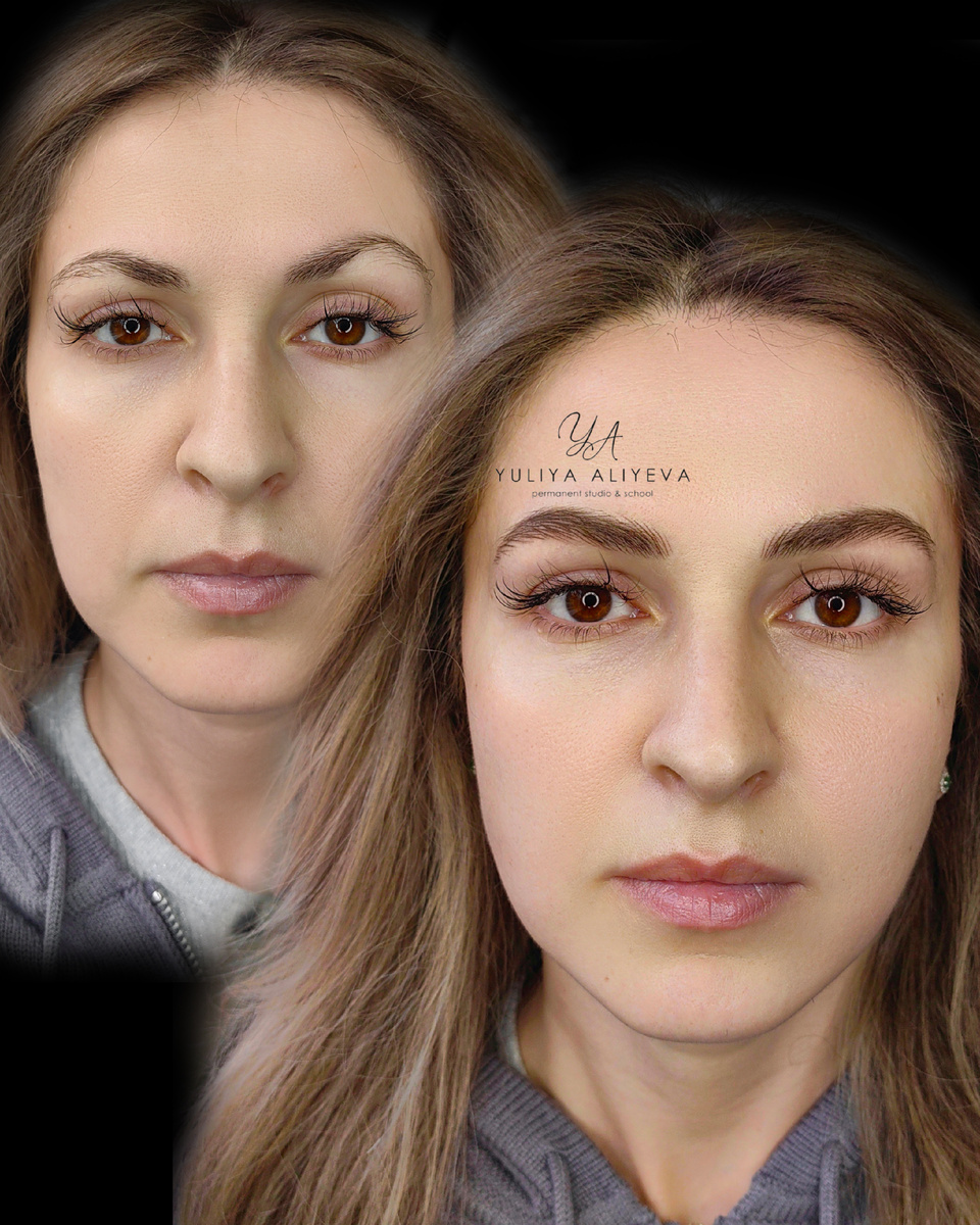 На фото - перманентный макияж  бровей в технике Realistic Hairs, фото до и сразу после процедуры