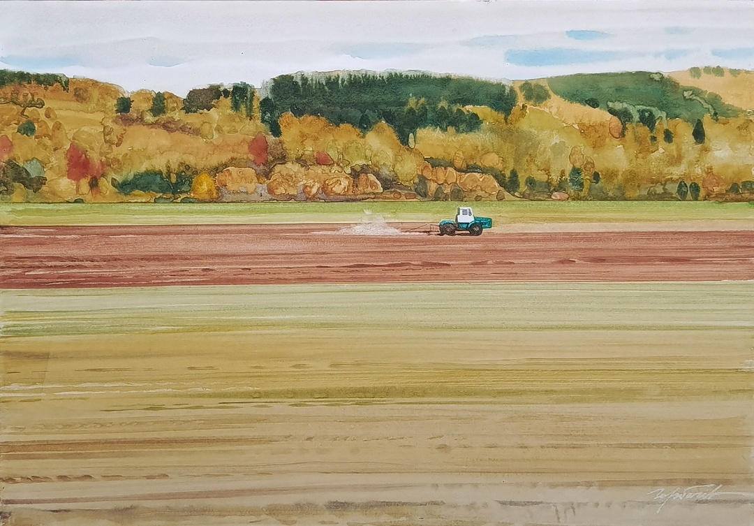 "В осеннем поле поднимают зябь".