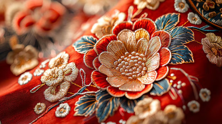 Шелковая ткань с вышивкой в традиционном китайском стиле