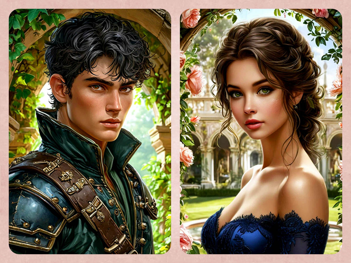 Вейрон Дорн и Эмма Эджени из романа «Отбор с осложнениями» Ольги Ярошинской и Ники Ёрш (арты).