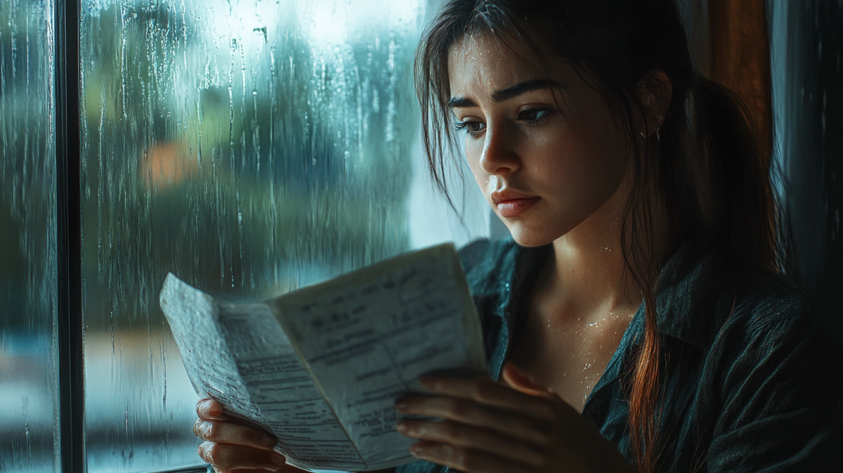 изображение женщины, сидящей у окна, держащей полис страхования в руках.