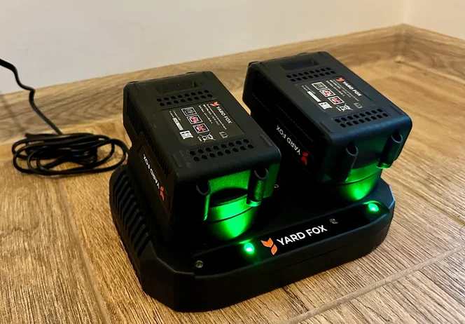 В комплексе поставки YARD FOX BASIC 4625E: 2 аккумулятора 4 А*ч и 1 зарядное устройство на 2 батареи 20В, 4А 